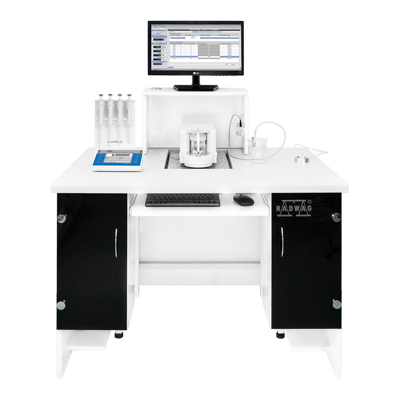 RADWAG DUAL PIPETTE CALIBRATION WORKSTATION WITH MYA.21.4Y.P MICRO BALANCE, XA 52.4Y.M.A.I.P SEMI MICRO BALANCE, ANTIVIBRATION TABLE, AND PC WITH PIPETTE CALIBRATION SOFTWARE